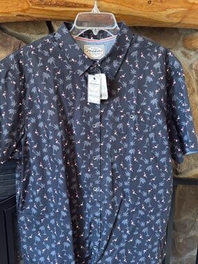 Men’s Navy Flamingo Print Short-Sleeve Shirt